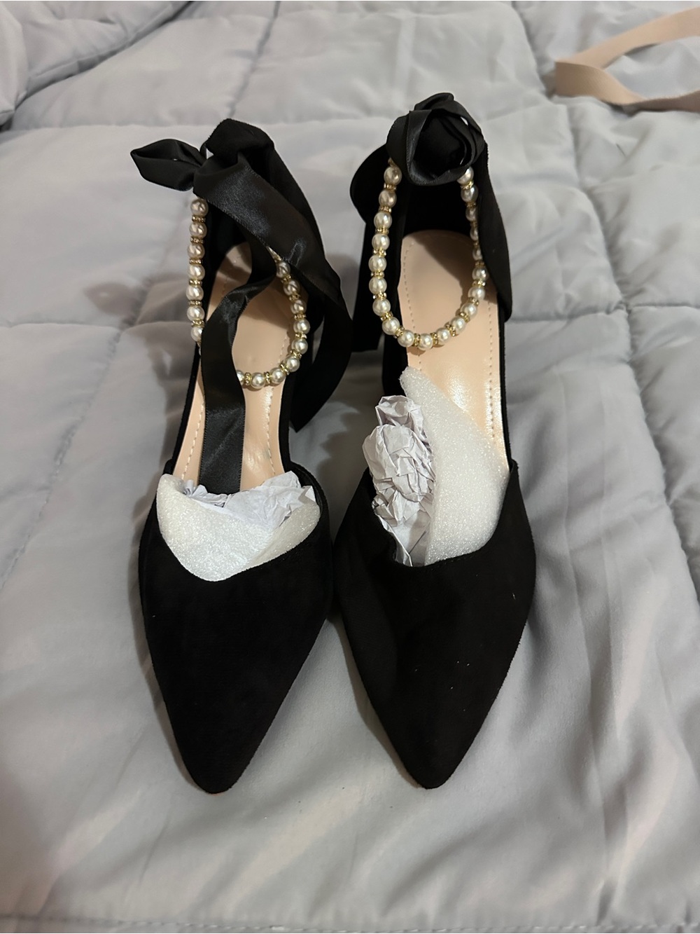Elegant Black Pointed Toe Pearl-Ankle Strap Women’s Heels